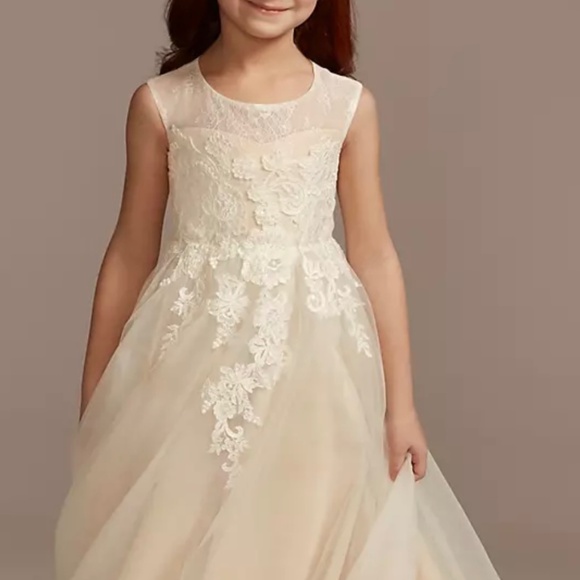 David’s Bridal WG1411 Illusion Tulle Flower Girl Dress  Size 4 Ivory/Champagne - Picture 1 of 3